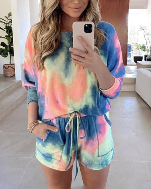 2 Piece Summer Set Shorts+ShirtSwimwearsmainimage2hirigin-New-Tie-Dye-Colorful-2Pieces-Sets-Women-Tracksuits-Casual-Long-Sleeve-Pullovers-Lace-Up-Shorts