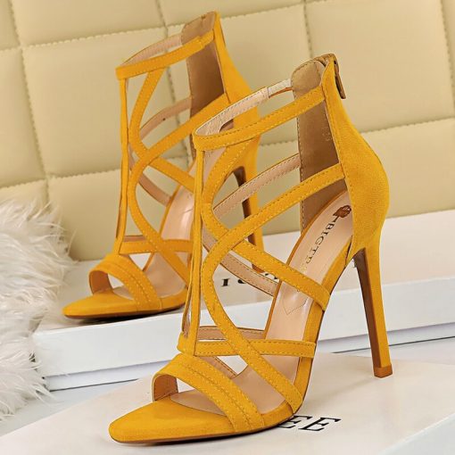 Summer 11cm Fetish High Heel Roman SandalsSandalsmainimage32021-Summer-Women-Designer-11cm-Fetish-High-Heels-Roman-Sandals-Flock-Yellow-Blue-Heels-Peep-Toe
