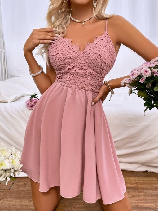 Spring Summer New High Waist Lace Pink DressDressesmainimage32022-Spring-Summer-New-High-Waist-Lace-Pink-Open-Back-Bow-Sling-Strapless-Chic-Dress-For