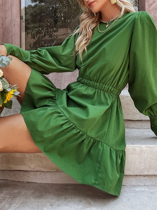 Women’s Elegant A-Line Ruffle Mini DressDressesmainimage3BerryGo-College-style-lantern-sleeves-ruffled-women-dress-green-Elegant-A-line-elastic-waist-mini-dress