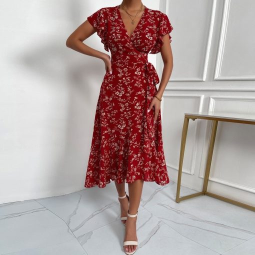 Elegant Floral Print Red DressDressesmainimage3Elegant-Floral-Print-Dress-Women-Summer-Dress-2022-New-Fashion-V-Neck-Lace-up-Short-Ruffled