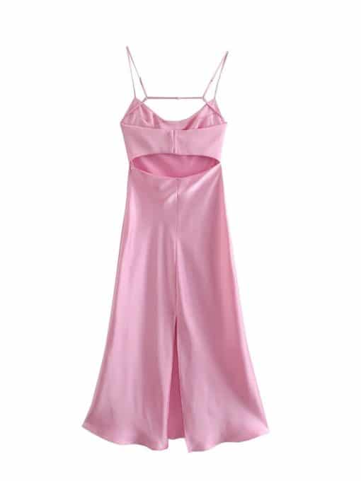 Ladies Elegant Pink Hollow Out Satin Midi DressDressesmainimage3Elegant-Women-Pink-Hollow-Out-Satin-Midi-Dress-Sexy-Backless-Spaghetti-Strap-A-Line-High-Waist