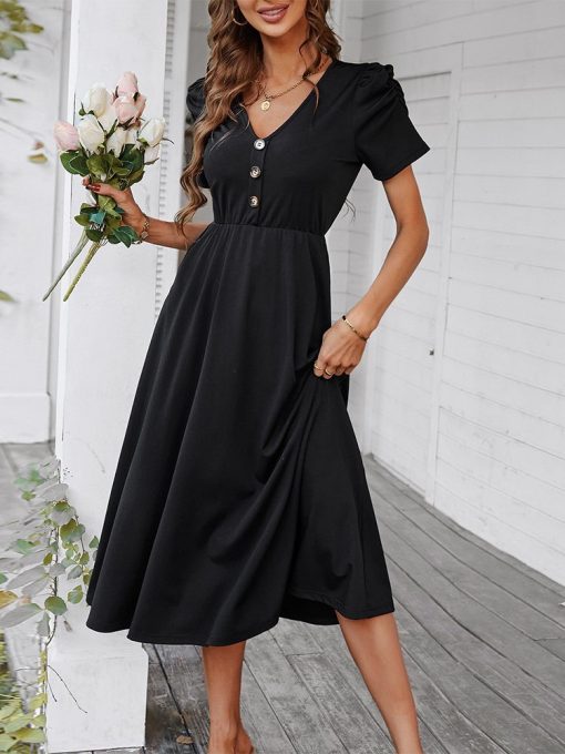 New Fashion Long Black DressDressesmainimage3Knit-Dresses-2022-New-Women-Summer-V-Neck-Short-Sleeve-High-Waist-Solid-Color-Thin-Large