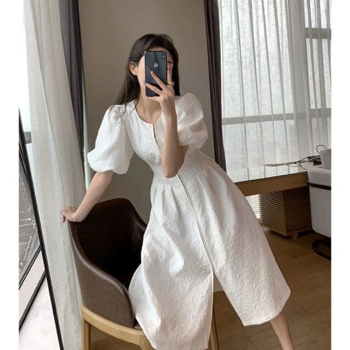 New Korean Style Temperament Puff Sleeve Long DressDressesmainimage3VANOVICH-2022-Summer-New-Korean-Style-Waist-Slim-Temperament-Puff-Sleeve-Long-Dress-A-LINE-Zipper