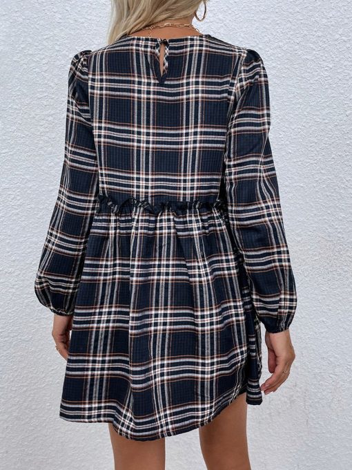 Early Fall New Plaid Oversized O Neck DressDressesmainimage3Women-2022-Early-Fall-New-Plaid-Oversized-O-Neck-Long-Sleeve-Waist-Pleated-Dress-For-Ladies