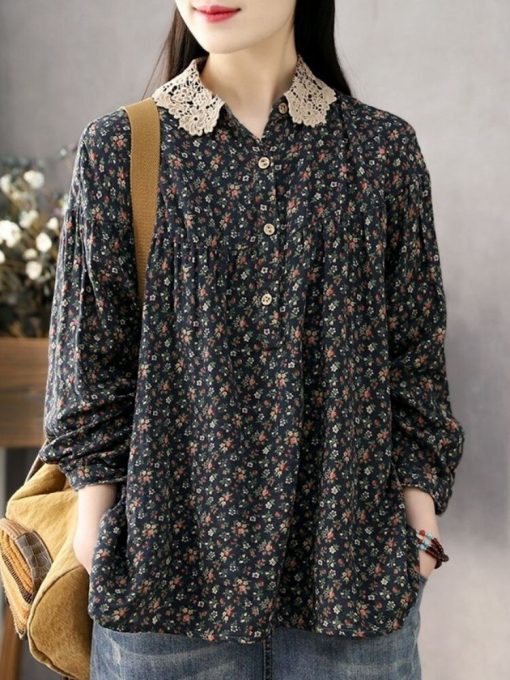 Women’s Casual Cotton Floral Print BlousesTopsmainimage3Women-Long-Sleeve-Casual-Shirts-New-2022-Spring-Vintage-Style-Lace-Collar-Floral-Print-Loose-Female