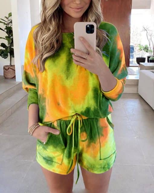 2 Piece Summer Set Shorts+ShirtSwimwearsmainimage3hirigin-New-Tie-Dye-Colorful-2Pieces-Sets-Women-Tracksuits-Casual-Long-Sleeve-Pullovers-Lace-Up-Shorts