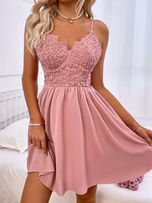 Spring Summer New High Waist Lace Pink DressDressesmainimage42022-Spring-Summer-New-High-Waist-Lace-Pink-Open-Back-Bow-Sling-Strapless-Chic-Dress-For