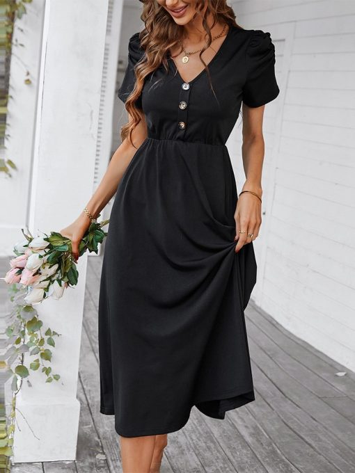 New Fashion Long Black DressDressesmainimage4Knit-Dresses-2022-New-Women-Summer-V-Neck-Short-Sleeve-High-Waist-Solid-Color-Thin-Large