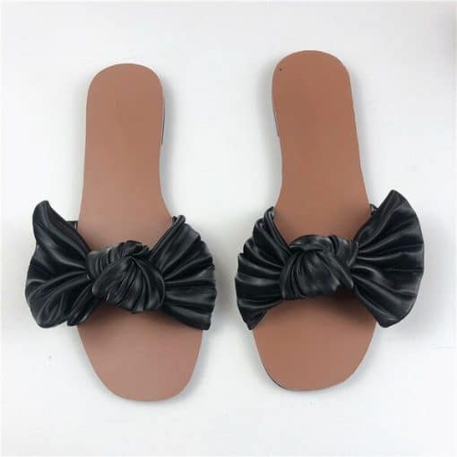 Women’s Butterfly Knot Comfortable Flat SlippersSandalsmainimage4Shoes-Women-Low-Female-Slippers-Luxury-Slides-Soft-2021-Designer-Flat-Summer-PU-Fretwork-Basic-Rubber