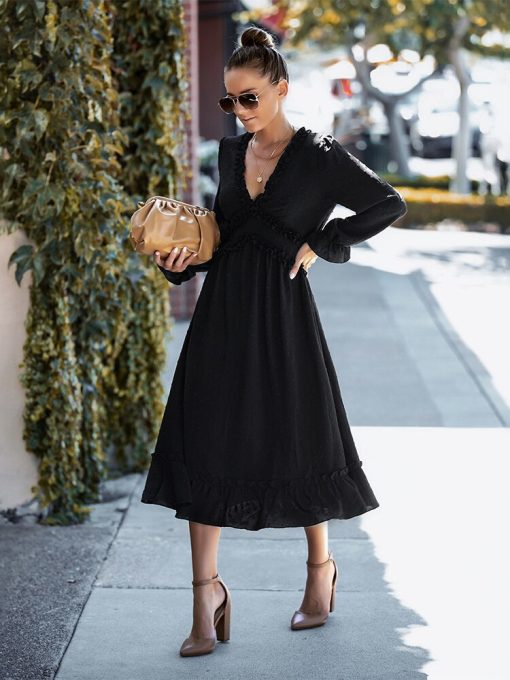 Hot Sale Spring Summer New Temperament Long DressDressesmainimage4Spring-New-Temperament-Long-Dress-Women-Casual-Full-Sleeve-Ruffles-V-Neck-Solid-Dresses-For-Ladies