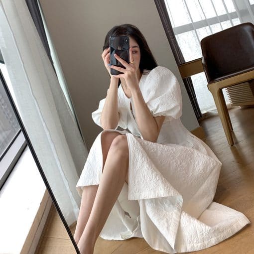 New Korean Style Temperament Puff Sleeve Long DressDressesmainimage5VANOVICH-2022-Summer-New-Korean-Style-Waist-Slim-Temperament-Puff-Sleeve-Long-Dress-A-LINE-Zipper