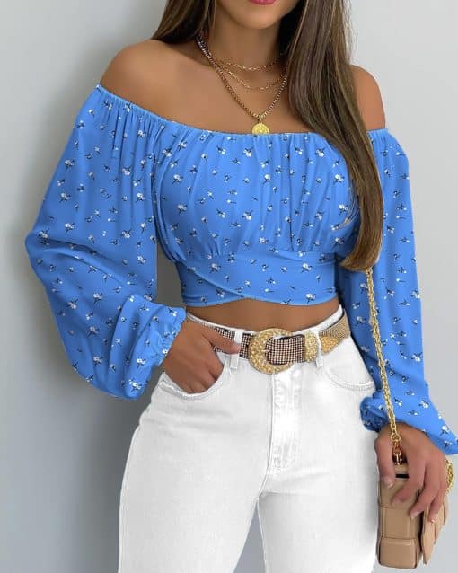 Women’s Daisy Print Cross Tied Back Crop TopsTopsvariantimage0Autumn-Women-Daisy-Print-Crossed-Tied-Back-Crop-Top-2021-Femme-Casual-Off-Shoulder-Ruched-Lantern