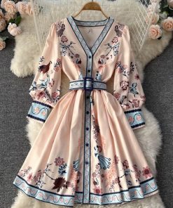 Women’s Exclusive Adorable Floral Print DressDressesvariantimage0Palace-Style-Retro-Print-Stunning-Skirt-High-end-Fashion-V-neck-Single-breasted-Waist-Slimming-Short