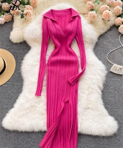 Women’s Knitted Pencil Long DressDressesvariantimage0SINGREINY-Women-Korean-Knitted-Dress-Long-Sleeve-V-Neck-Elastic-Slim-Pencil-Dresses-2021-Autumn-Sexy