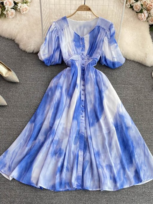 Summer Women Tie Dye Printed DressDressesvariantimage0Summer-Women-Tie-Dye-Printed-Dress-Vintage-V-Neck-Single-Breasted-Puff-Short-Sleeve-A-Line