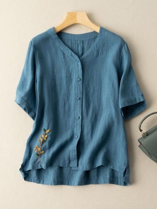 Korean Women’s Cotton Linen Casual ShirtsTopsvariantimage0Women-Cotton-Linen-Casual-Shirts-New-Arrival-2022-Summer-Vintage-Style-Floral-Embroidery-Loose-Female-Short