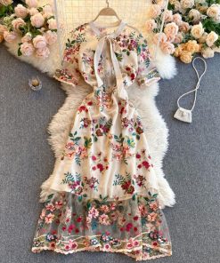 Summer French Vintage Temperament Embroidery Elegant DressDressesvariantimage0Women-Dress-2022-Summer-French-Vintage-Ladies-Temperament-Bow-Collar-Flowers-Embroidery-Elegant-Dress-Party-Vestido