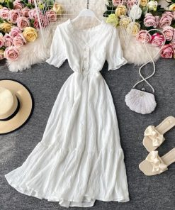 Summer Elegant V-neck White Casual Long DressDressesvariantimage0Women-White-Dress-Summer-Elegant-V-neck-Single-breasted-Short-Flare-Sleeve-Vintage-Dresses-Female-2020