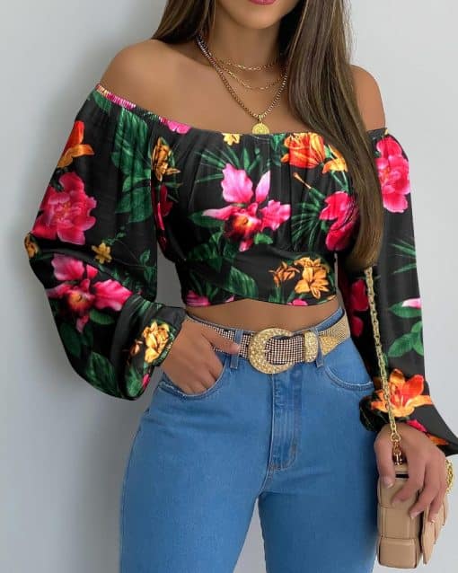 Women’s Daisy Print Cross Tied Back Crop TopsTopsvariantimage1Autumn-Women-Daisy-Print-Crossed-Tied-Back-Crop-Top-2021-Femme-Casual-Off-Shoulder-Ruched-Lantern