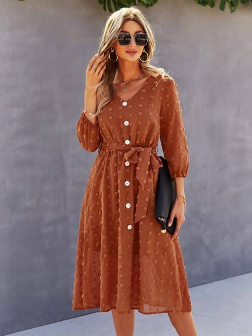 V Neck Bandage Buttons High Waist Dot Long DressDressesvariantimage1Dot-Long-Sleeve-V-Neck-Bandage-Buttons-High-Waist-Dress-2022-Spring-Summer-Fashion-Casual-Chic