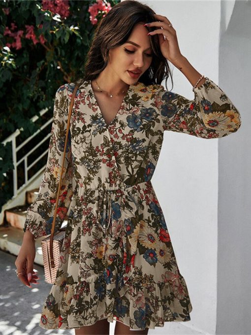 New Ladies Chic Print Mini DressDressesvariantimage1New-Ladies-Chic-Print-Dress-Women-Casual-Full-Sleeve-Lace-Up-High-Waist-Floral-2022-Spring