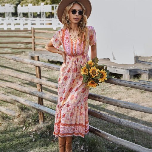 Summer Floral Vintage Long Trendy DressDressesvariantimage1Summer-Floral-Long-Dress-Women-Vintage-Ruffle-Bandage-Boho-Beach-Dress-Casual-Elegant-Pink-Short-Sleeve