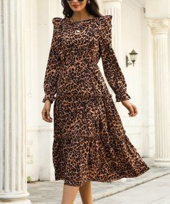 Elegant Fashion Leopard Long DressDressesvariantimage2Elegant-Fashion-Women-Leopard-Dresses-2022-Autumn-New-Waist-Slim-Hem-Ruffle-Full-Sleev-Print-A