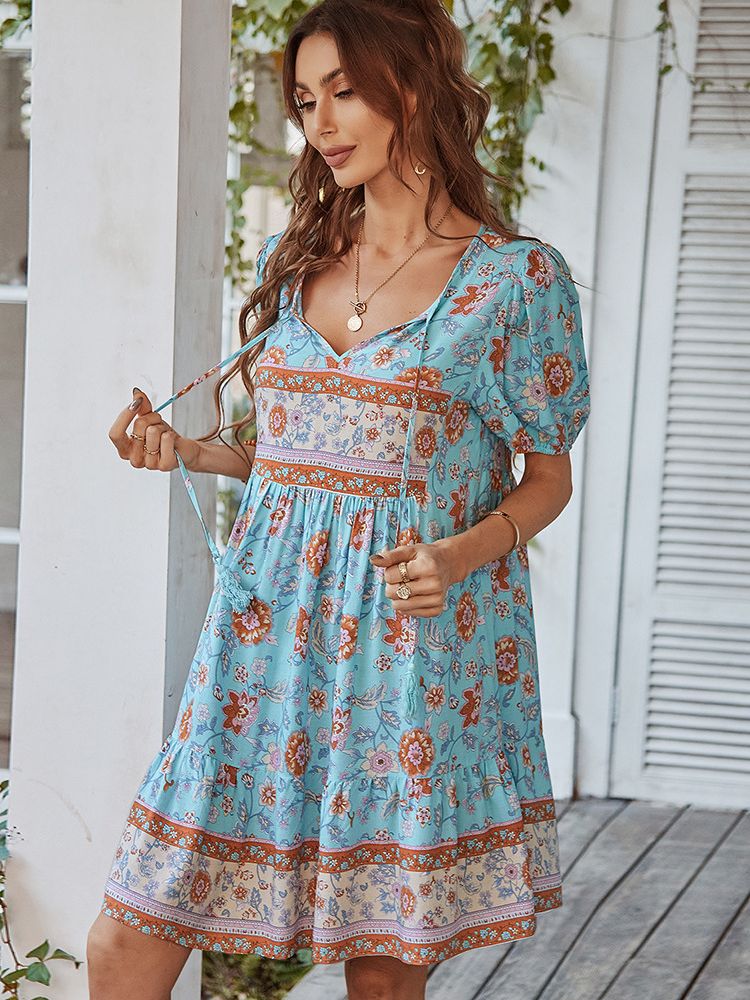 Ladies Boho Short Floral Print Summer Dress – Miggon