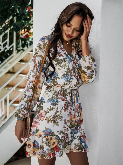 New Ladies Chic Print Mini DressDressesvariantimage2New-Ladies-Chic-Print-Dress-Women-Casual-Full-Sleeve-Lace-Up-High-Waist-Floral-2022-Spring