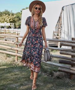 Summer Floral Vintage Long Trendy DressDressesvariantimage2Summer-Floral-Long-Dress-Women-Vintage-Ruffle-Bandage-Boho-Beach-Dress-Casual-Elegant-Pink-Short-Sleeve