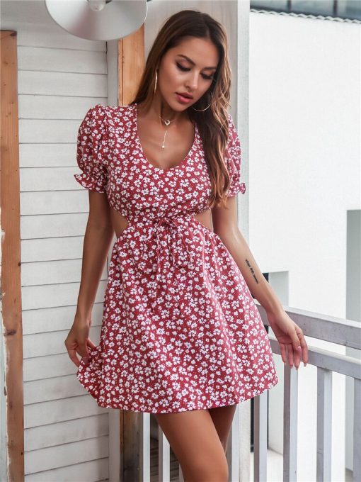Women’s Spring Summer Puff Sleeve Print Dress – Miggon