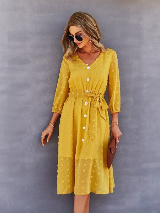 V Neck Bandage Buttons High Waist Dot Long DressDressesvariantimage3Dot-Long-Sleeve-V-Neck-Bandage-Buttons-High-Waist-Dress-2022-Spring-Summer-Fashion-Casual-Chic