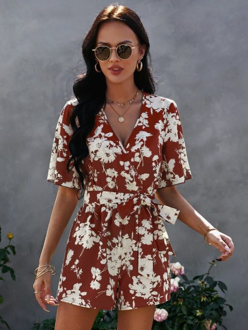 New Trendy Floral Print With Belt RompersSwimwearsvariantimage3Surplice-Front-Allover-Floral-Print-Belted-Playsuits-Women-Deep-V-Neck-Wide-Leg-Pants-Rompers-Summer