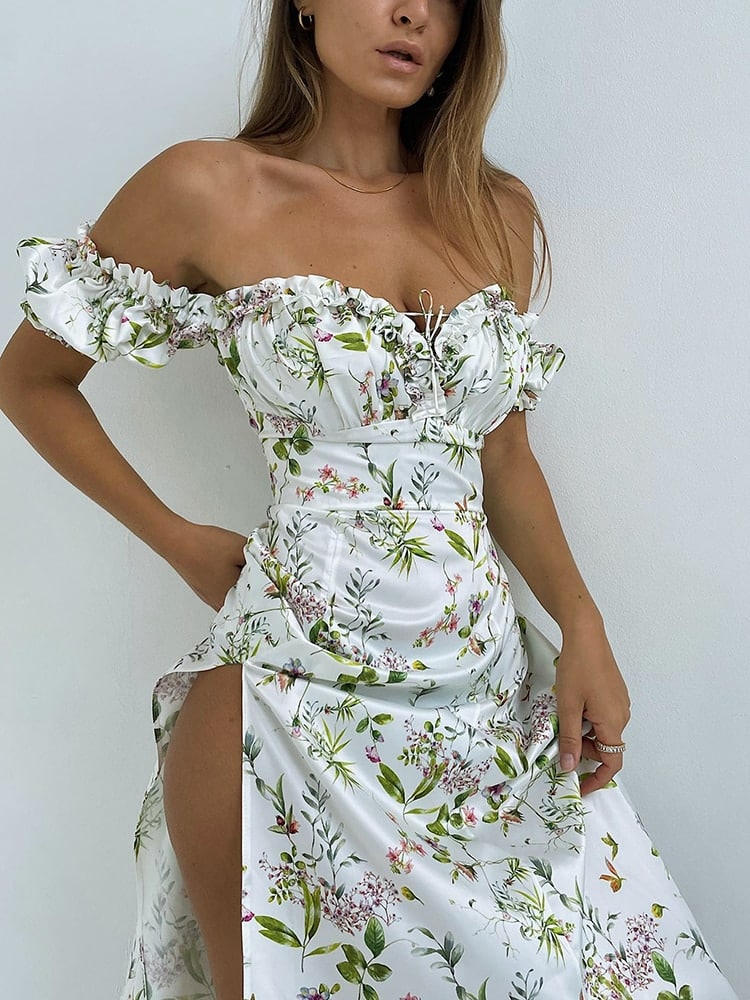 Summer Floral Off Shoulder Puff Sleeve Maxi Dress – Miggon