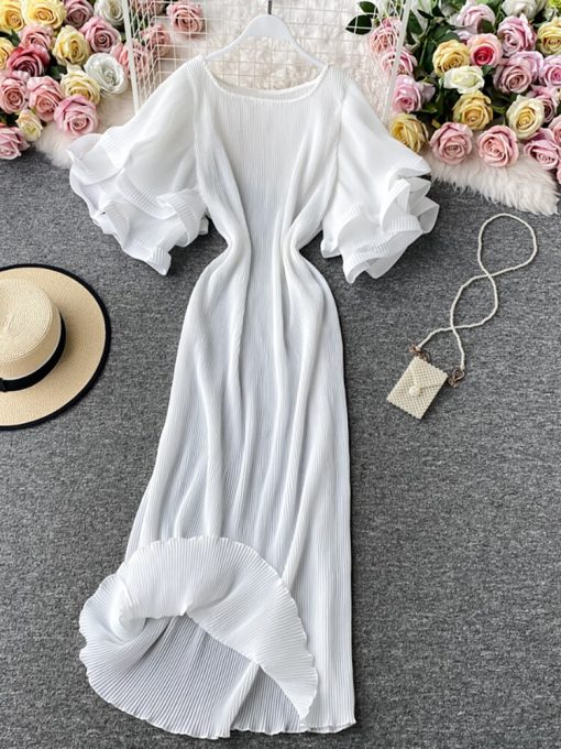 Casual Round Neck Flare Short Sleeve Pleated Long Dress – Miggon