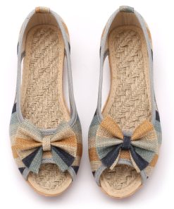 4s7NVeowalk Rainbow Striped Women Peep Toe Flat Shoes Slip On Cotton Fabric Linen Comfortable Old Peking