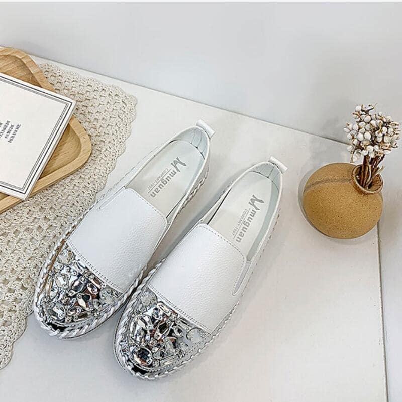Women’s Round Toe Silver Bling Flat Loafers – Miggon