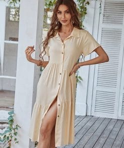 Spring Summer Medium Long Button DressDressesSpring-Summer-Slim-Medium-Long-Dress-For-Women-2022-New-Casual-Short-Sleeve-Solid-Button-Dress.jpg_Q90.jpg_