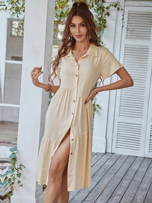 Spring Summer Medium Long Button DressDressesSpring-Summer-Slim-Medium-Long-Dress-For-Women-2022-New-Casual-Short-Sleeve-Solid-Button-Dress.jpg_Q90.jpg_