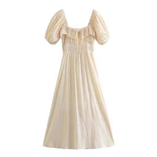 New Summer Puff Sleeve Solid Casual DressDressesSummer-Dress-For-Women-Clothing-2022-Ruffle-Trim-Square-Neck-Tie-Elegant-Vintage-Midi-Dress-Short.jpg_640x640