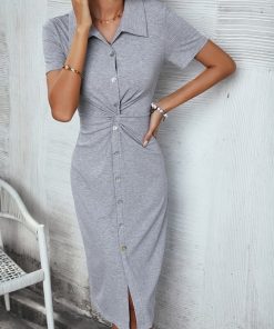 New Knitted Button Shirt DressDressesSummer-New-KCnitted-Shirt-Dresses-For-Women-2022-Polo-Neck-Single-Breasted-Short-Sleeve-Casual-Slim.jpg_640x640
