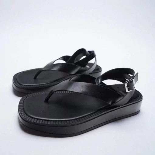 Women’s Black Flat Leather Fashion Flip-Flop Gladiator SandalsSandalsSummer-Women-Shoes-Black-Flat-Leather-Fashion-Sandals-Flip-flop-ZA-Lace-up-Thick-soled-Ankle.jpg_Q90.jpg_