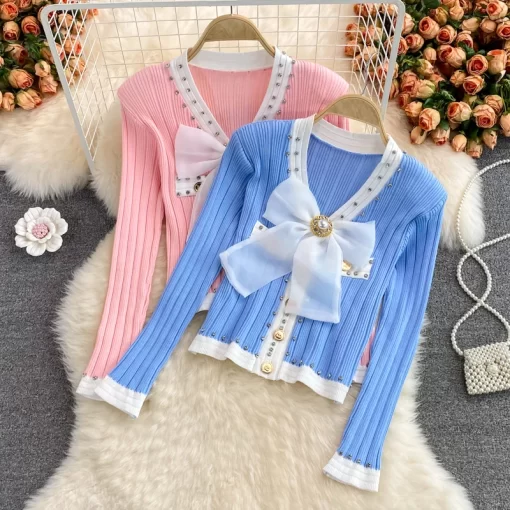 Patchwork Bow V-Neck Full Knitted SweatersTopsknitted-cardigan-woman-sweaters-long-sleeve-sweater-women-sequins-butterfly-outwear-knitting-cardigans.jpg_Q90.jpg_