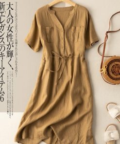 100% Cotton Korean Summer Casual Shirt DressDressesmainimage0100-Cotton-Women-Summer-Casual-Dress-New-Arrival-2022-Simple-Style-Vintage-V-neck-Loose-Ladies