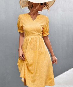 Summer Midi Dot DressDressesmainimage02022-Summer-Midi-Dot-Dress-Women-Party-Puff-Sleeve-Dress-Ladies-Yellow-Ruffle-High-Waist-A