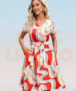Button Front Belted Knot Casual Summer DressDressesmainimage0Allover-Geo-Print-Button-Front-Belted-Knot-Dress-Women-Short-sleeve-V-neck-Flared-Hem-Casual