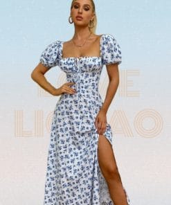 Ditsy Floral Print Puff Sleeve Tie Front High Split DressDressesmainimage0Ditsy-Floral-Print-Puff-Sleeve-Tie-Front-High-Split-Dress-Women-Ruched-Drawstring-Party-Long-Dress