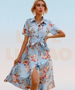 Print Turn-down Collar Short Sleeve Long DressDressesmainimage0Print-Turn-down-Collar-Short-Sleeved-Long-Dress-Summer-2022-Womens-Lace-up-Single-Breasted-A