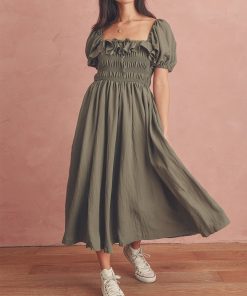 New Summer Puff Sleeve Solid Casual DressDressesmainimage0Summer-Dress-For-Women-Clothing-2022-Ruffle-Trim-Square-Neck-Tie-Elegant-Vintage-Midi-Dress-Short